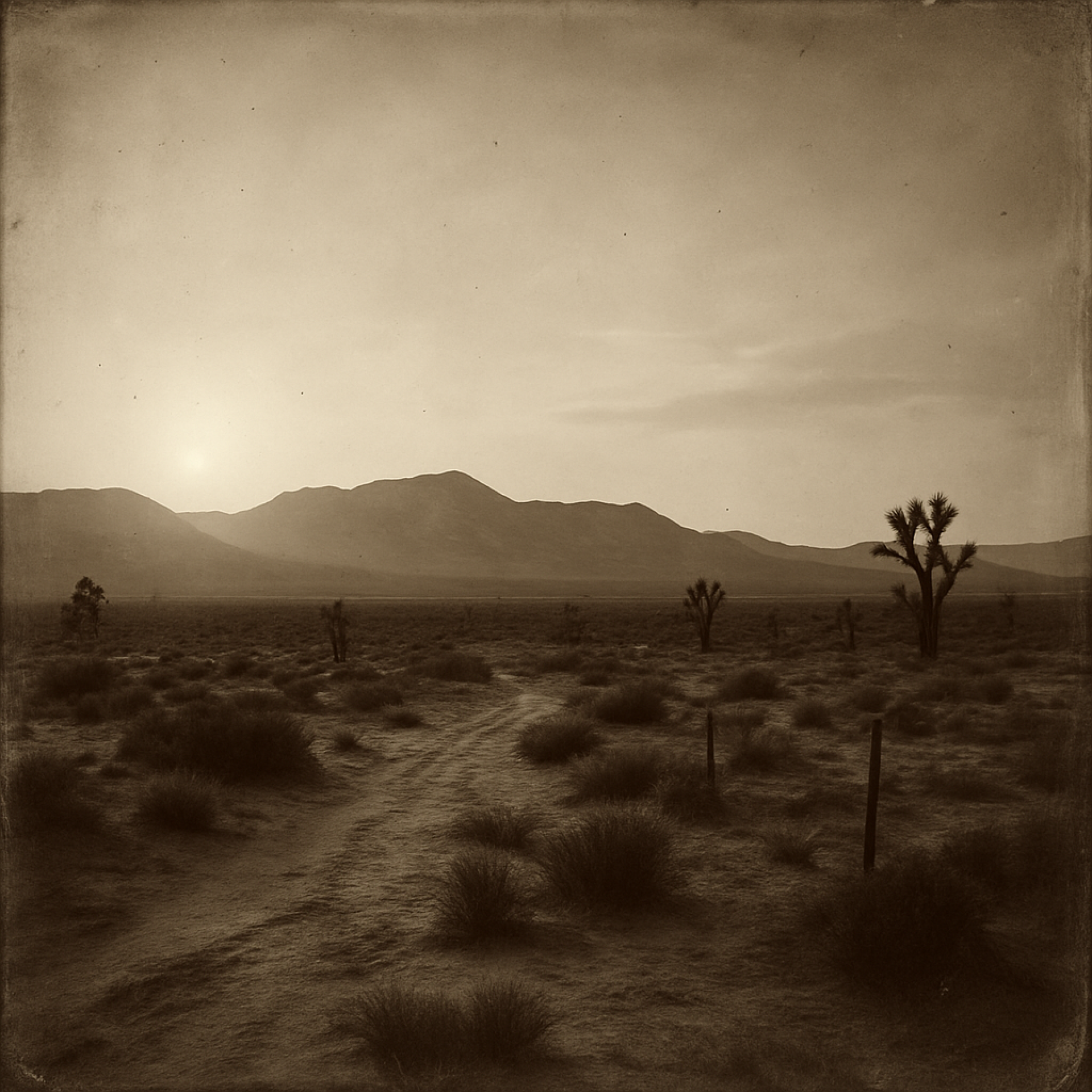 Sepia-toned black-and-white photograph of the Mojave Desert at sunset. A faint wagon trail and weathered wooden fence stretch toward distant hills and scattered Joshua trees under a vast, hazy sky. The image has soft light, visible grain, and faded edges, evoking the calm and timeless beauty of the 1800s frontier landscape.