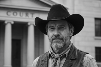 Black and white photo of a man wearing a cowboy hat in from of a courthouse.