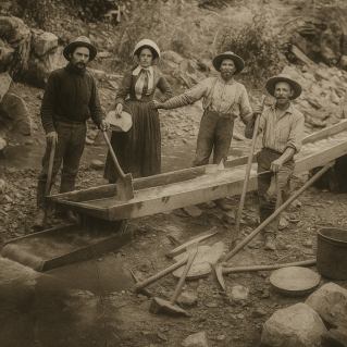 Sepia-toned black-and-white photograph inspired by early California Gold Rush life. Four prospectors—three men and one woman—stand beside a wooden sluice in a rocky Mojave creek bed, surrounded by shovels, pans, and tools. The image’s grain and warm tones evoke the endurance, teamwork, and frontier spirit reflected in the Goldmine Living Trust.