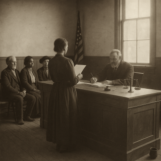 Sepia-toned black-and-white photograph of an 1800s Kern County courtroom. A judge sits behind a tall wooden desk with papers and a quill, while a citizen stands before him holding a petition for a name change. A few others sit quietly on benches in the background as sunlight filters through dusty windows, capturing the calm, procedural tone of civil law in the frontier era.