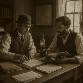 Sepia-toned black-and-white photograph of two 1800s professionals working together in a wooden office. A man in a bowler hat reviews papers while another in rolled-up sleeves holds a ledger beside an oil lamp on the desk. Books and documents fill the background, capturing the quiet professionalism of a frontier-era business partnership.