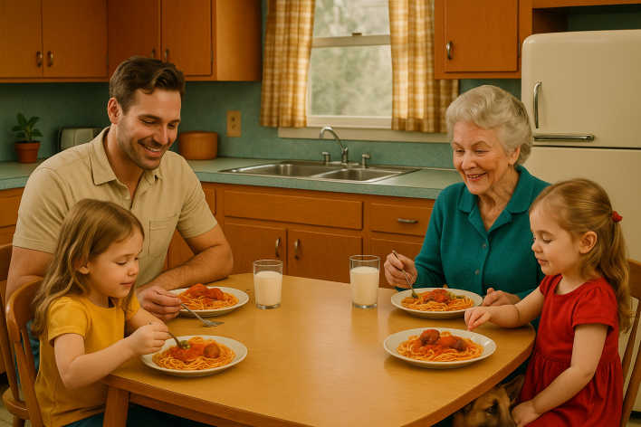 FATHER WITH TWO DAUGHTERS  AND GRANDMOTHER AT DINNER TABLE