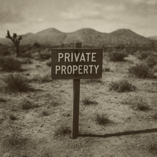Sepia-toned black-and-white photograph of a weathered wooden “Private Property” sign standing in the Mojave Desert. Sparse brush and distant mountains stretch beneath a hazy sky, evoking the quiet isolation and authenticity of an 1800s frontier land parcel.