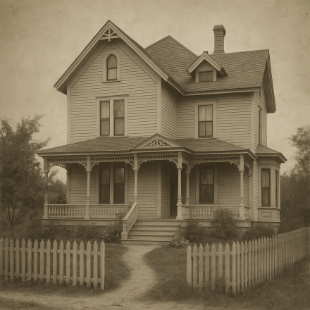 Sepia-toned black-and-white photograph of a well-kept 1800s desert home with a small wooden porch, decorative trim, and a tidy yard surrounded by soft Mojave light. A wagon and tools rest nearby, and distant hills frame the horizon, evoking the craftsmanship and quiet dignity of frontier living.