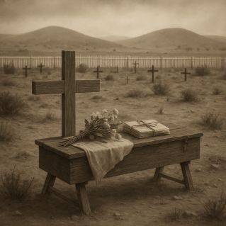 Sepia-toned black-and-white photograph of a Mojave desert burial ground with scattered wooden crosses and distant hills. In the foreground, a twine-wrapped stack of documents and wildflowers rest beside a simple cross, symbolizing remembrance and final arrangements.