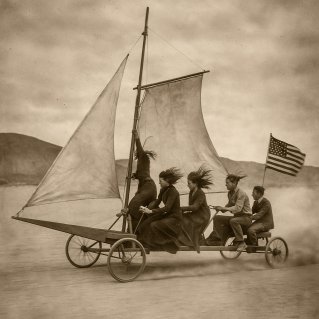 Sepia-toned black-and-white photograph of a group sailing a wind-powered land yacht across the Mojave Desert. The wooden cart, fitted with canvas sails and wagon wheels, speeds over the dry lakebed as an American flag waves at the back. The passengers wear 1800s-era hats and clothing, their coats and dresses catching the wind, capturing the adventurous spirit of frontier travel.