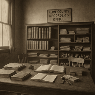 Sepia-toned black-and-white photograph of the Kern County Recorder’s Office in Bakersfield, California, circa 1800s. A wooden desk covered with ledgers, inkwells, and rolled deeds sits near tall shelves filled with maps and bound records. Soft daylight filters through a high window, evoking the quiet diligence of record-keeping in the frontier era.