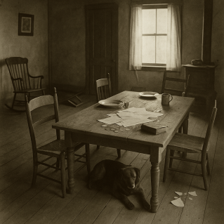 Sepia-toned black-and-white photograph of an 1800s farmhouse interior. A wooden table is set for two, with papers scattered across it and one chair turned askew. A dog lies on the floor beside a broken plate, and soft window light filters through thin curtains, creating a quiet, slightly humorous sense of domestic tension.