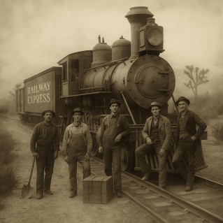 Sepia-toned black-and-white photograph of a steam locomotive labeled “Railway Express,” with five railway workers standing proudly beside it on desert tracks. The men wear dusty 1800s work clothes and hats, surrounded by crates, tools, and distant Joshua trees under a hazy Mojave sky — capturing the authentic look of a frontier-era rail crew.