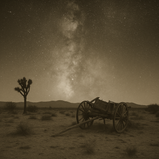 Sepia-toned black-and-white photograph of a broken wooden wagon resting in the Mojave Desert beneath a vast, star-filled sky. A lone Joshua tree stands nearby as the Milky Way stretches across the horizon, creating a quiet, timeless scene reminiscent of 1800s frontier photography.
