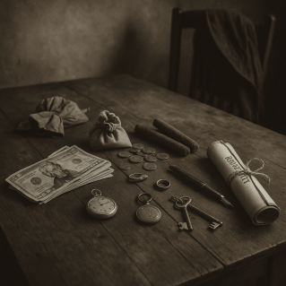 Sepia-toned black-and-white photograph of a wooden table covered with 1800s-era personal belongings: folded cash, scattered silver coins, a pocket watch, keys, cigars, and a small pouch of gold. A twine-tied affidavit and ink pen rest beside them, illuminated by soft window light, symbolizing the careful handling of an estate’s personal property.