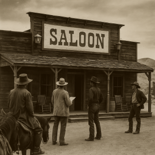Sepia-toned black-and-white photograph of four 1800s cowboys standing outside a wooden saloon in a dusty Mojave Desert town. One cowboy holds papers while another rests on horseback, and the group studies the saloon’s sign as if preparing to buy or open it. The image captures the humor and ambition of frontier entrepreneurs forming a new business venture.
