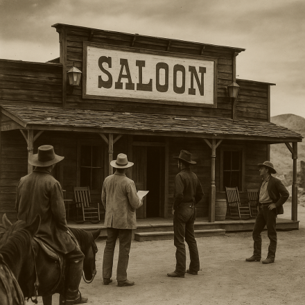 Sepia-toned black-and-white photograph of four 1800s cowboys standing outside a wooden saloon in a dusty Mojave Desert town. One cowboy holds papers while another rests on horseback, and the group studies the saloon’s sign as if preparing to buy or open it. The image captures the humor and ambition of frontier entrepreneurs forming a new business venture.