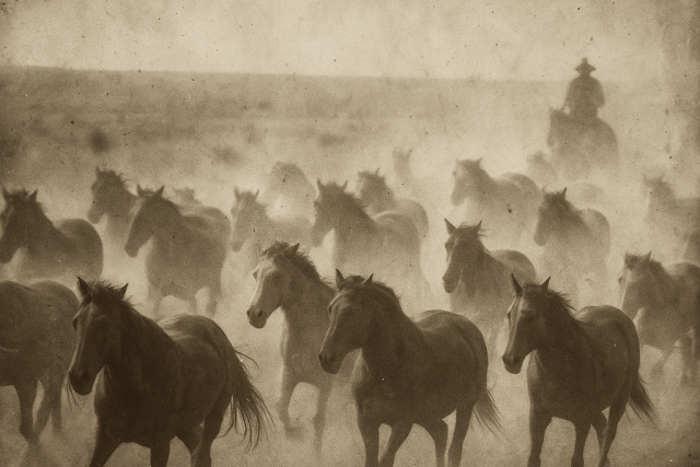 Sepia-toned black-and-white photograph of a herd of horses racing across a dusty Mojave ranch. Thick clouds of dirt rise behind them as a cowboy rides in the distance, barely visible through the haze. The image has a grainy 1800s glass-plate look, evoking the raw energy and authenticity of frontier ranch life.
