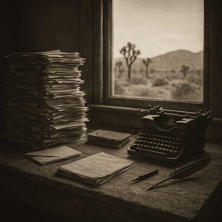 Black-and-white photograph of a rustic desert office desk piled high with legal documents, a vintage typewriter, and a feather pen. Through the window, Joshua trees and the Mojave desert stretch toward distant mountains, capturing the hardworking, timeless atmosphere of the Legal Wrangler’s workspace.