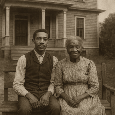 Sepia-toned black-and-white photograph from the late 1800s showing a family seated together in front of a large wooden Victorian-style home in the Mojave Desert. The group wears period clothing and sits closely on the porch steps under soft afternoon light. The image features fine film grain and faded edges, evoking the authenticity and legacy of a genuine glass-plate photograph from the frontier era.